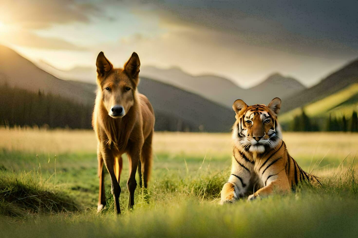 de hond en de tijger. ai-gegenereerd foto