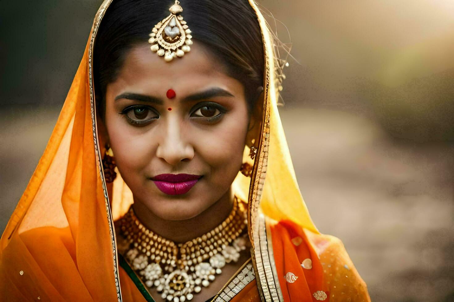 een mooi Indisch vrouw in een oranje sari. ai-gegenereerd foto