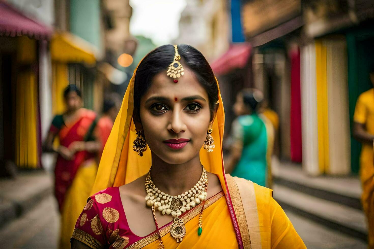 een vrouw in een sari is staand in de midden- van een straat. ai-gegenereerd foto