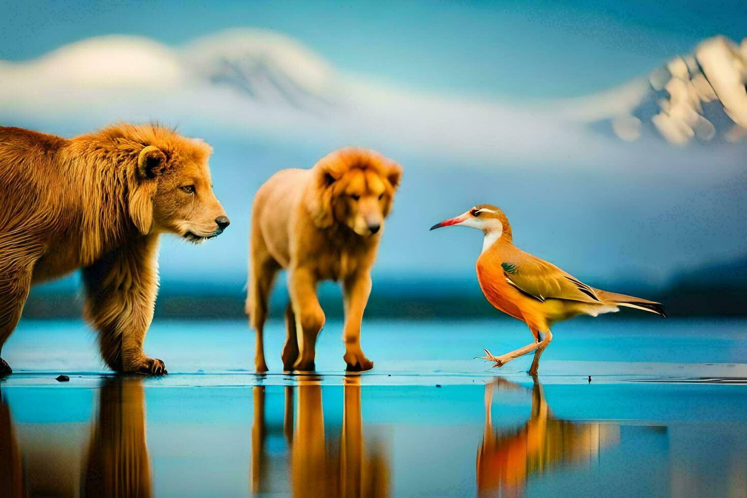 twee leeuwen en een vogel wandelen aan de overkant de water. ai-gegenereerd foto