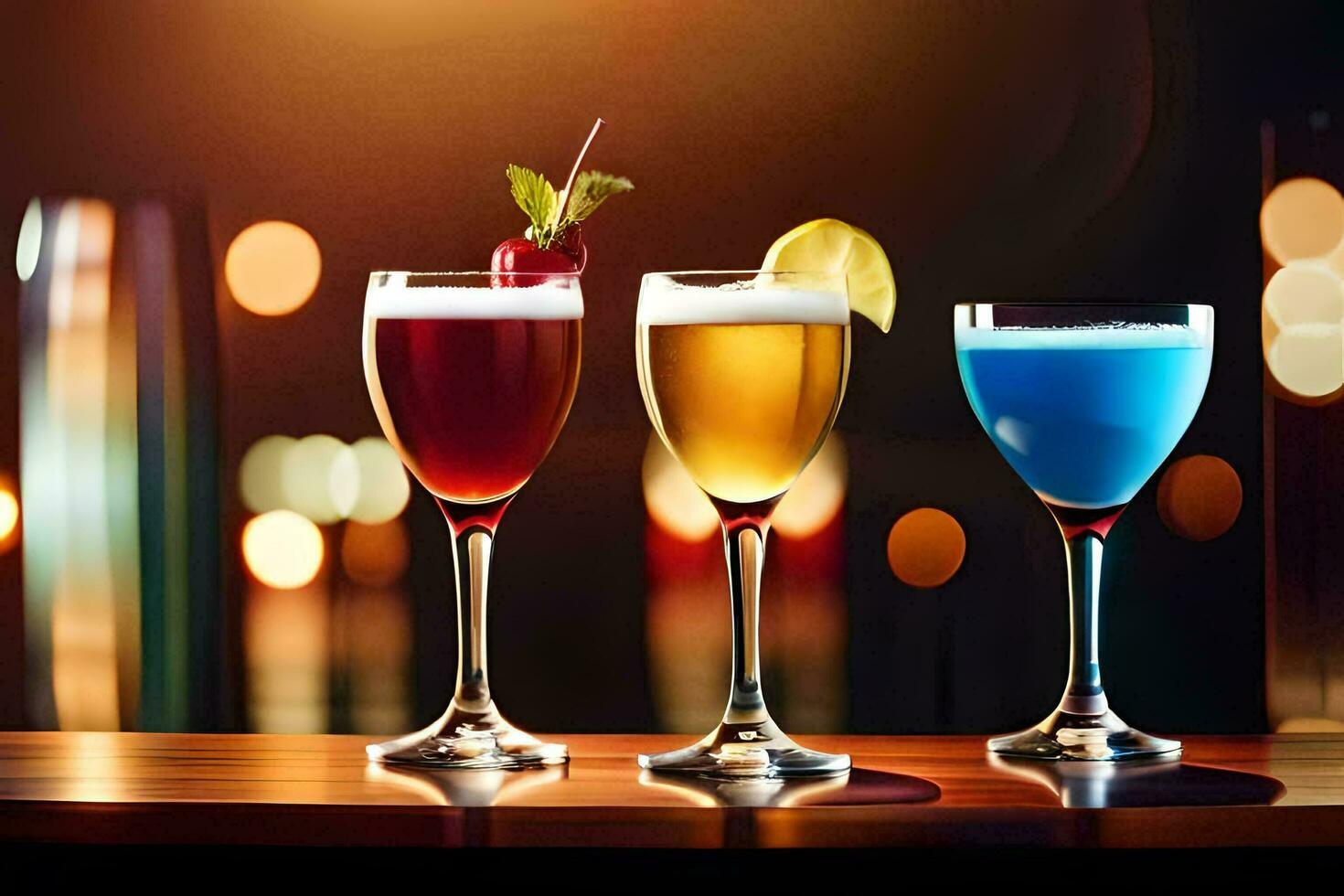 drie verschillend gekleurde drankjes in bril Aan een tafel. ai-gegenereerd foto