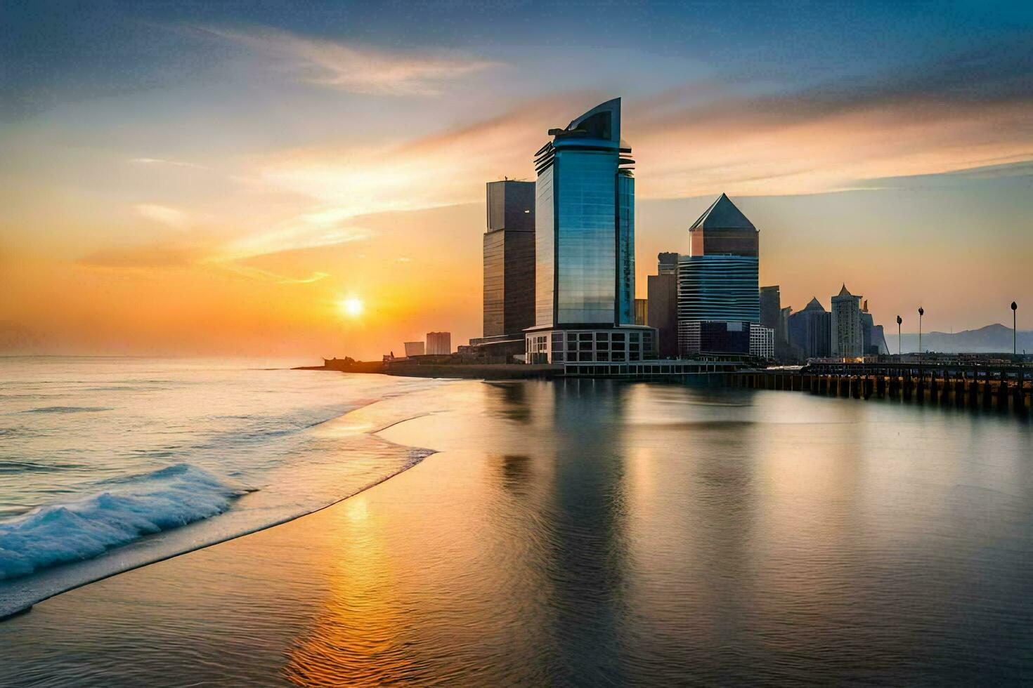 de zon sets over- de stad horizon in abu dhabi. ai-gegenereerd foto