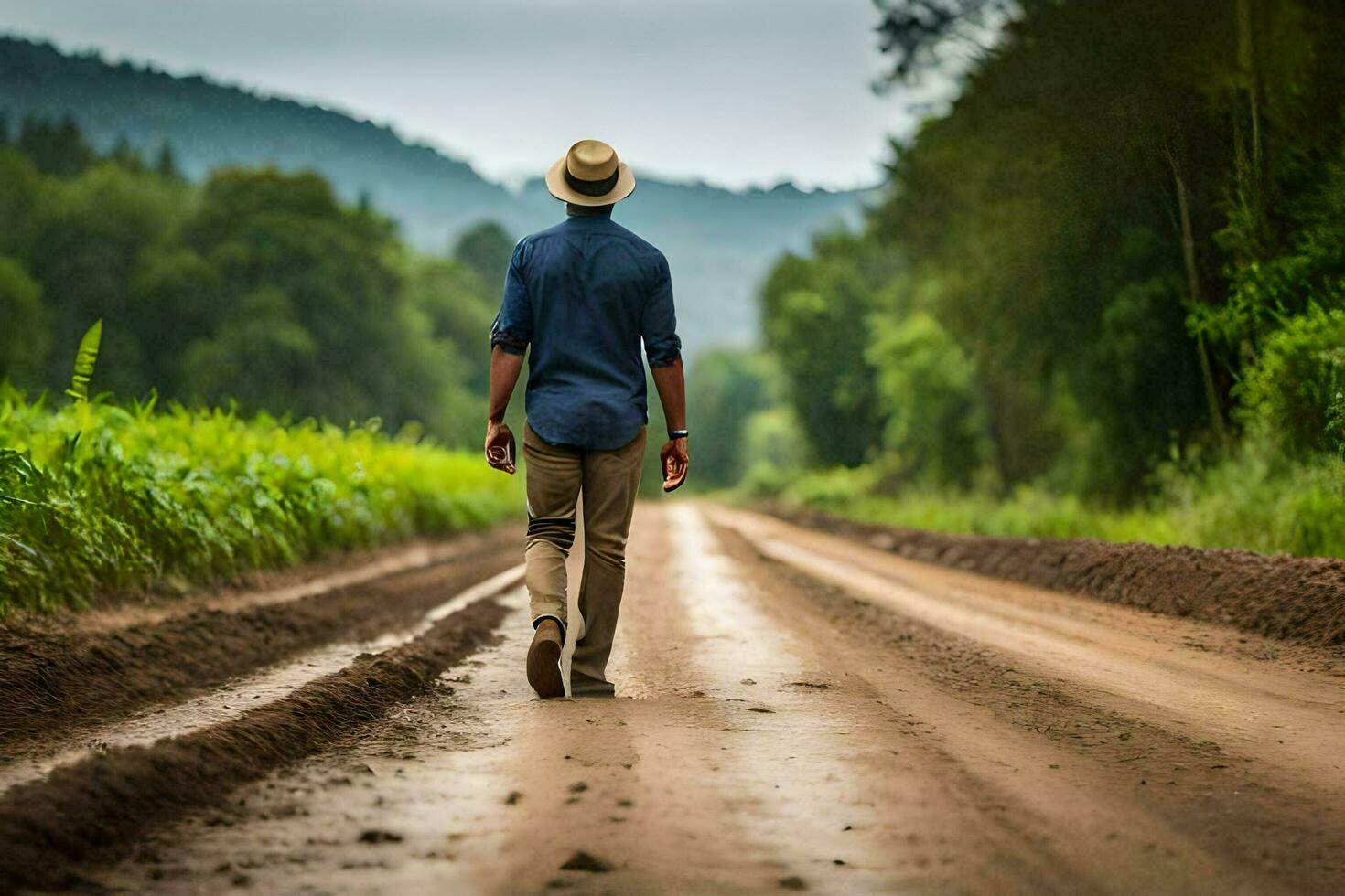 Mens wandelen Aan een aarde weg in de midden- van een veld. ai-gegenereerd foto