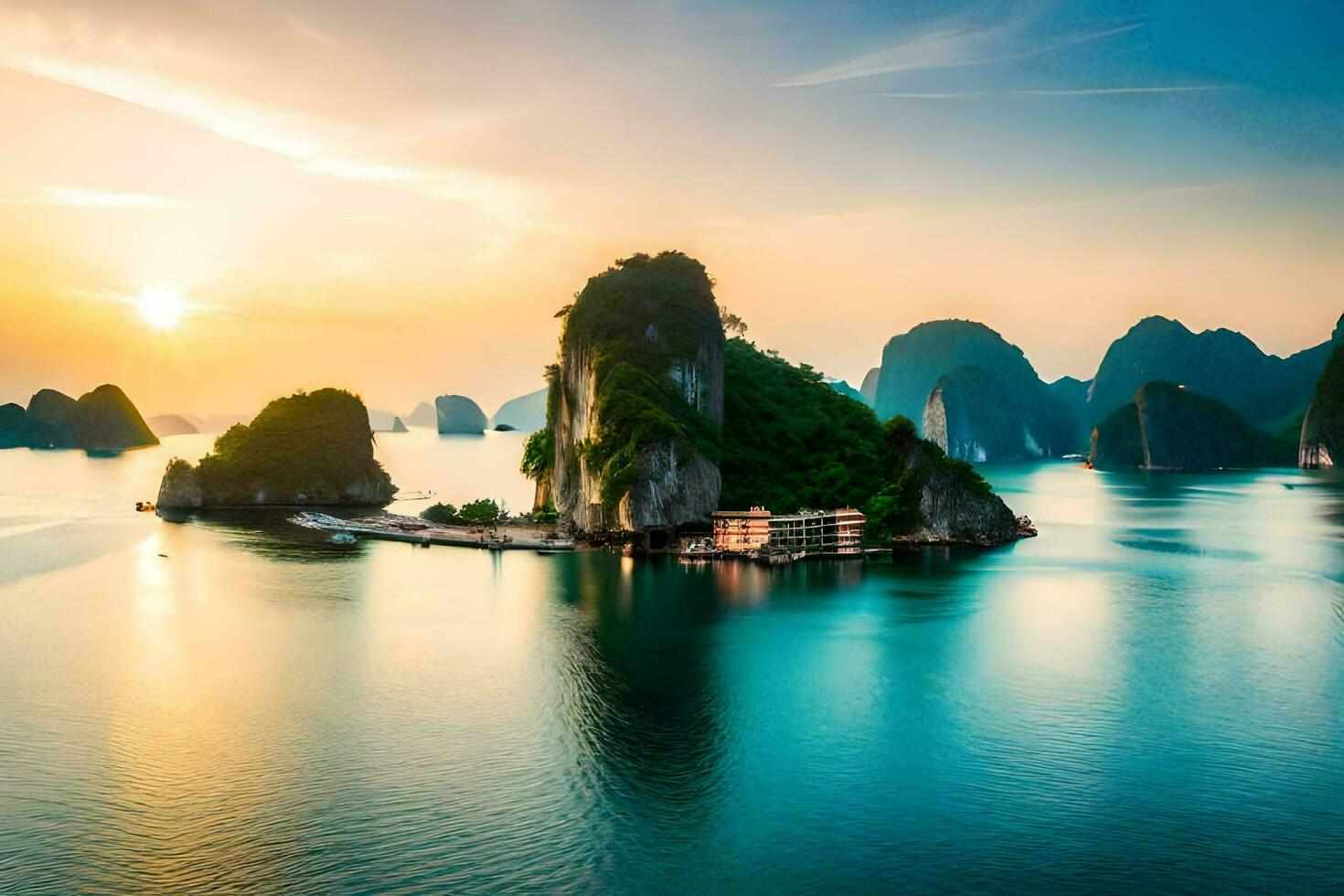 de zon sets over- de water in Halong baai, Vietnam. ai-gegenereerd foto