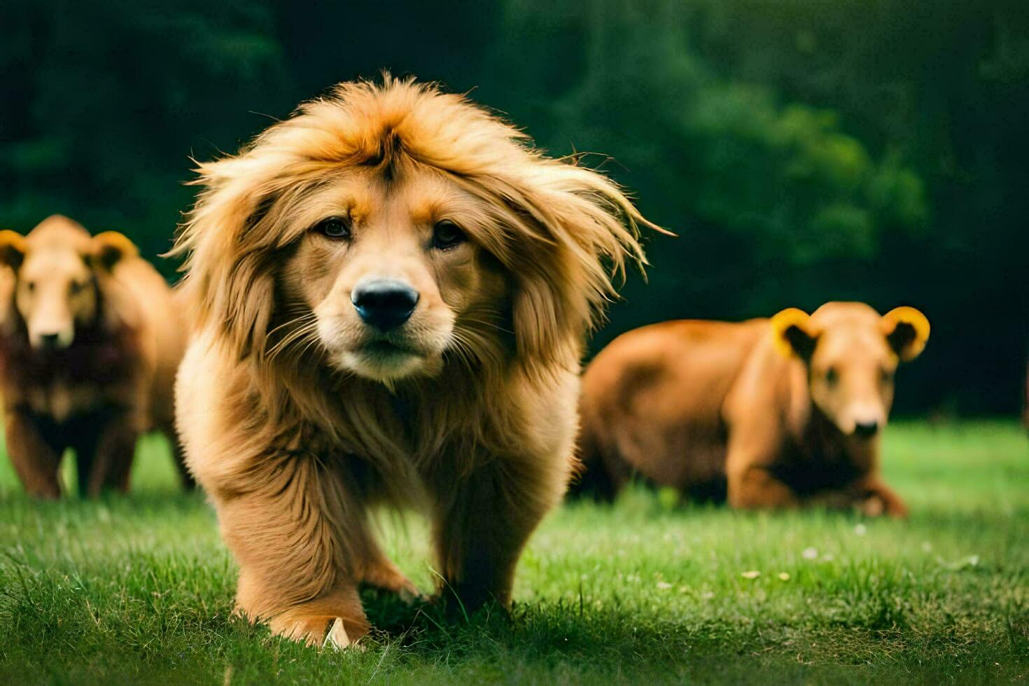 een leeuw wandelen in de gras met andere dieren. ai-gegenereerd foto