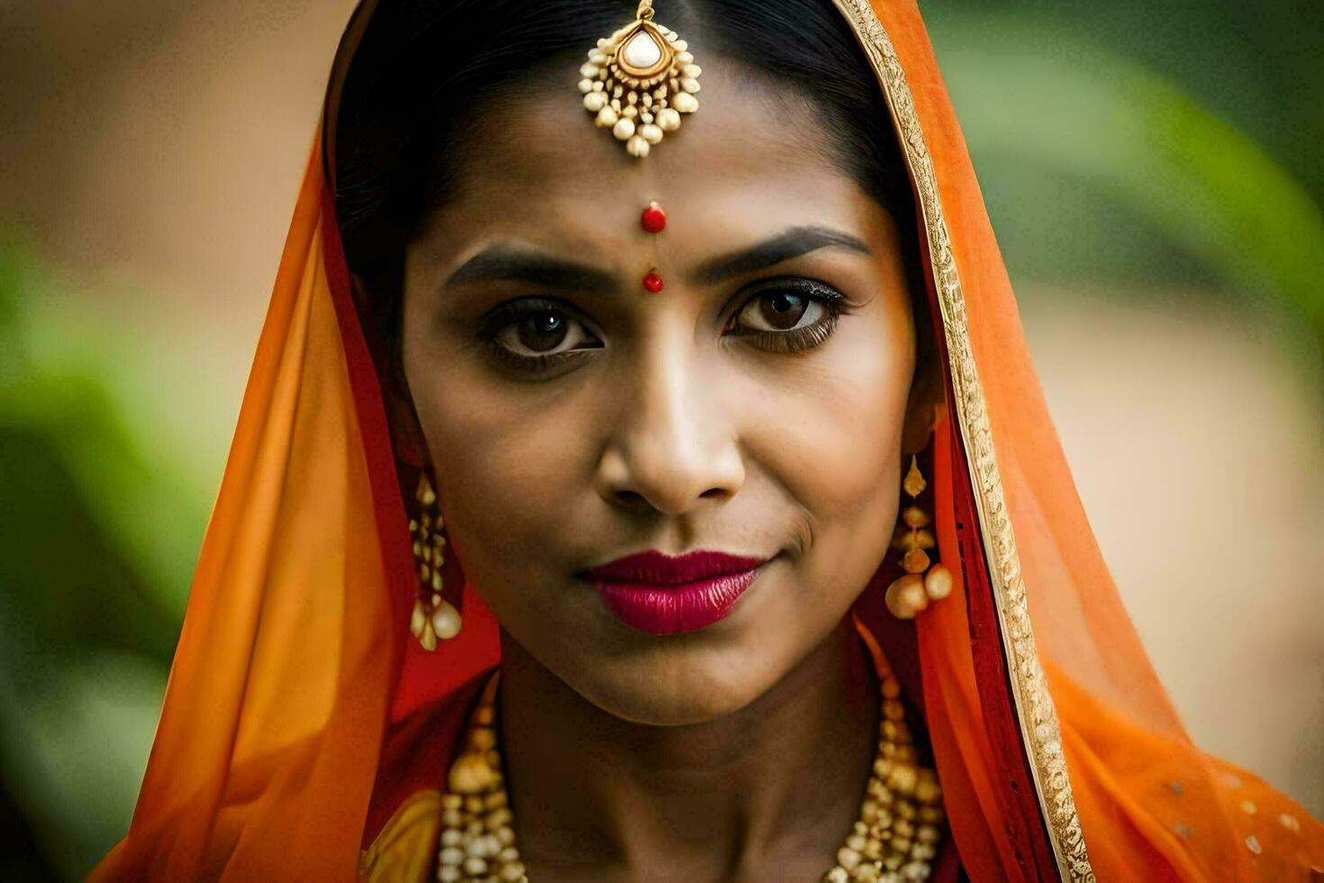 een mooi Indisch vrouw vervelend een oranje sari. ai-gegenereerd foto