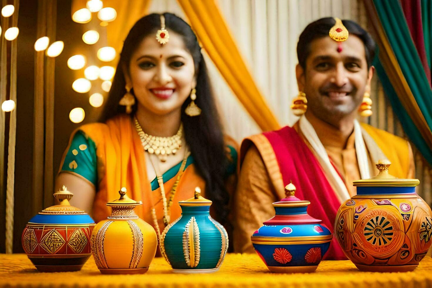 een paar in Indisch kleding poseren voor een foto met kleurrijk potten. ai-gegenereerd