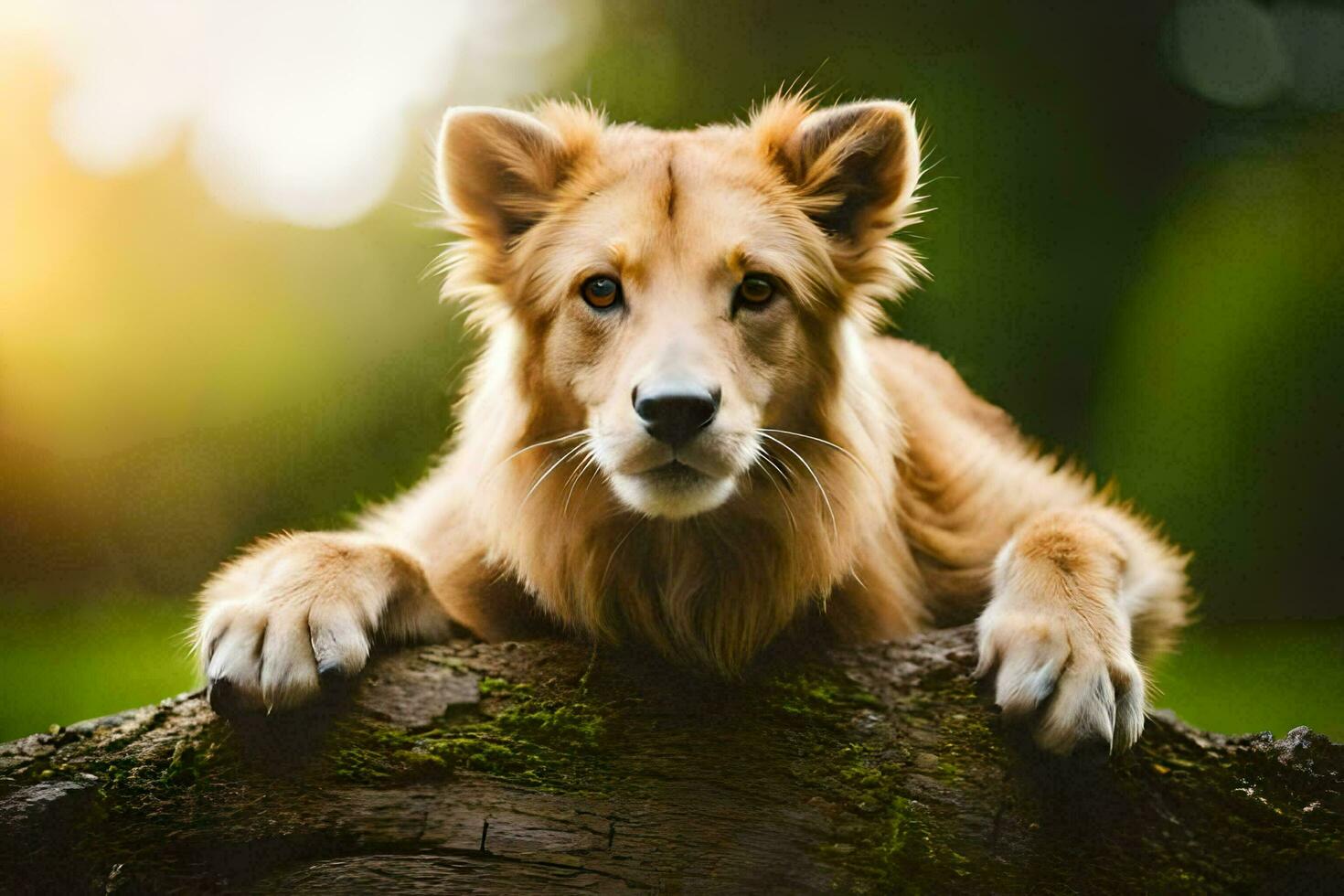 een leeuw is houdende Aan een log in de bossen. ai-gegenereerd foto