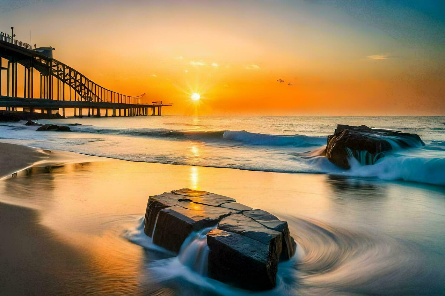de zon sets over- de oceaan en een brug. ai-gegenereerd foto