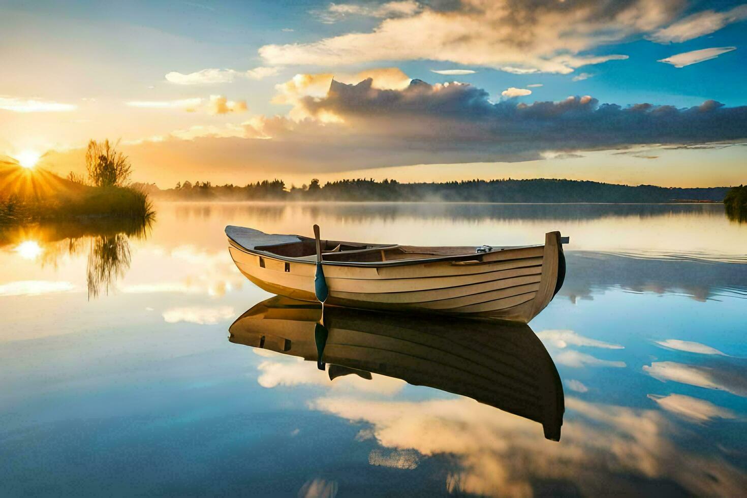 een boot Aan een meer Bij zonsondergang. ai-gegenereerd foto