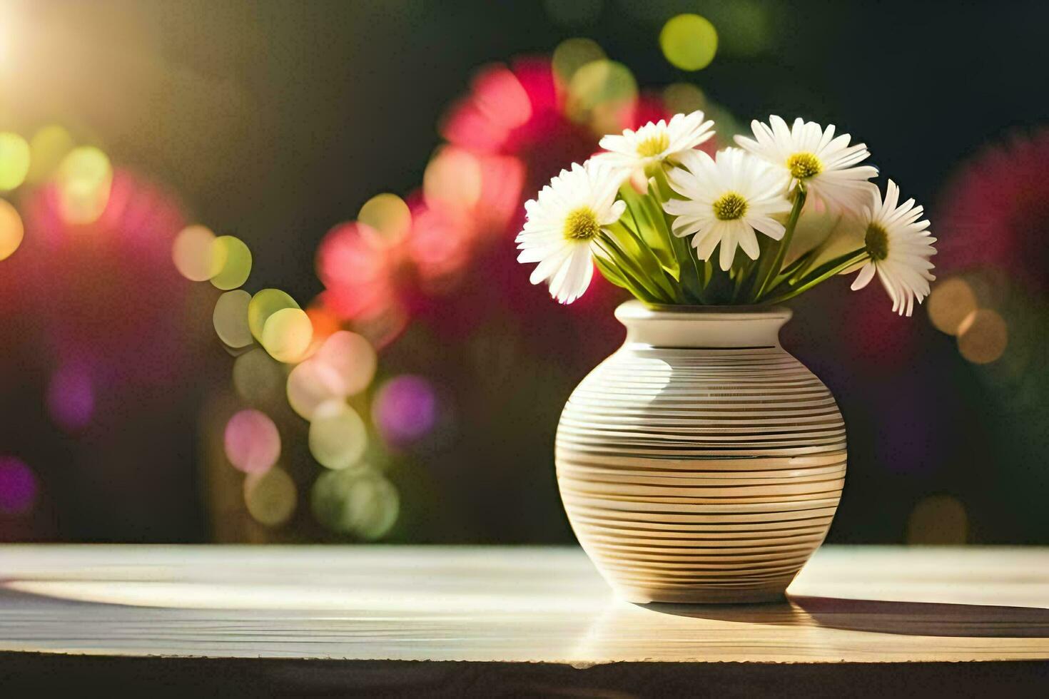 een vaas met wit bloemen Aan een tafel. ai-gegenereerd foto