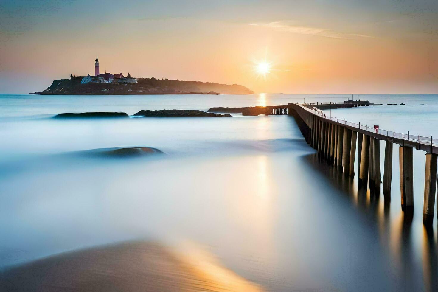 een lang blootstelling fotograaf van een pier Bij zonsondergang. ai-gegenereerd foto