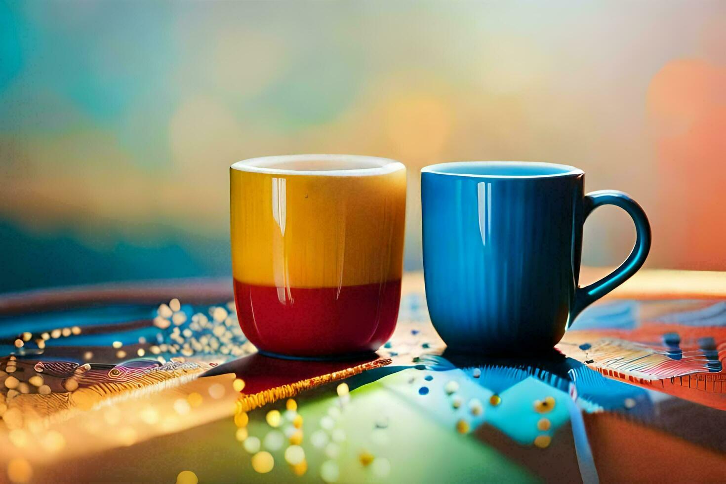 twee kleurrijk koffie cups zitten Aan een tafel. ai-gegenereerd foto