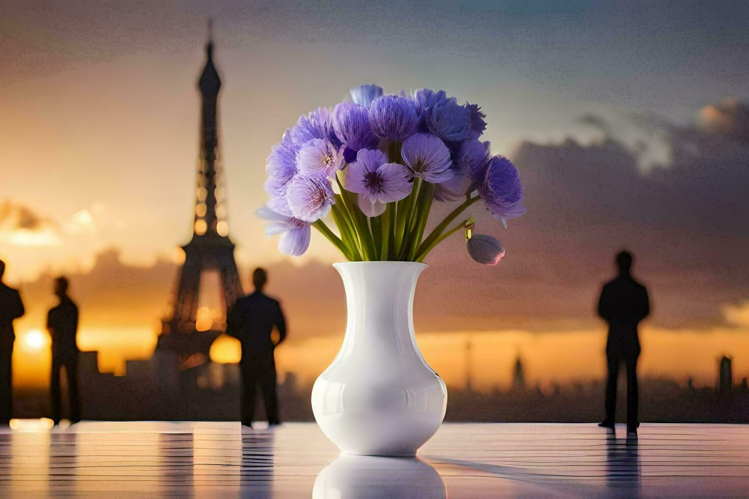 Purper bloemen in een vaas met de eiffel toren in de achtergrond. ai-gegenereerd foto