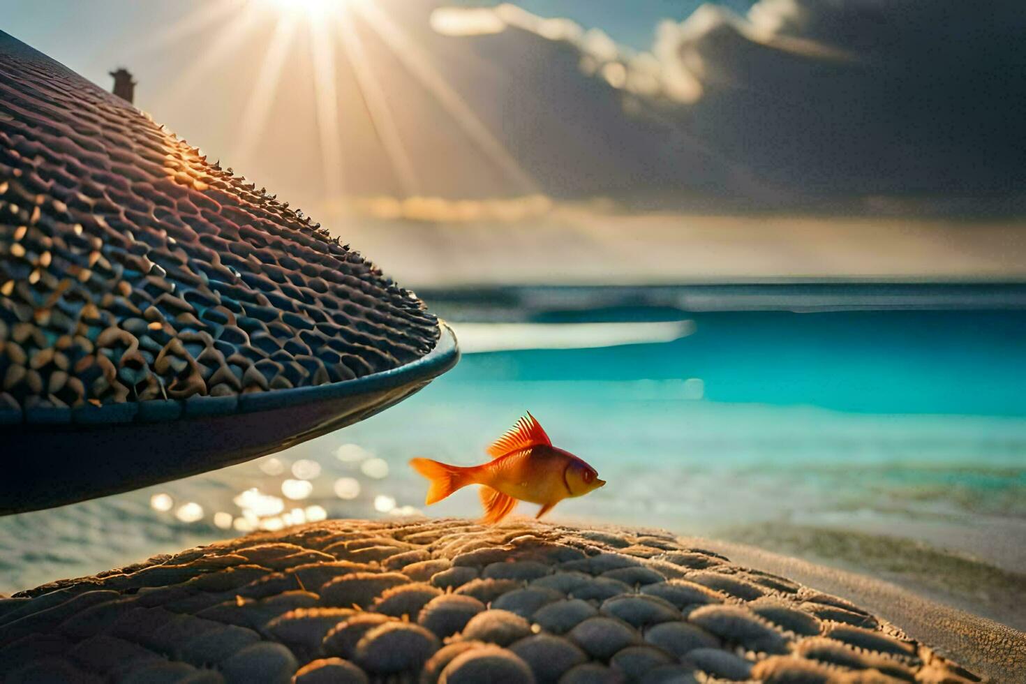 een vis is zittend Aan de zand De volgende naar een strand. ai-gegenereerd foto