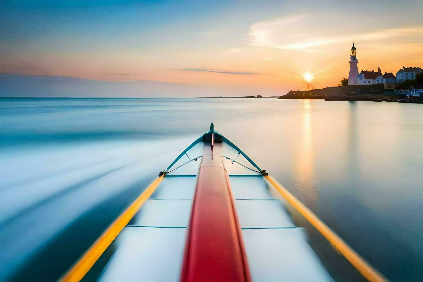 een boot is het zeilen in de oceaan Bij zonsondergang. ai-gegenereerd foto