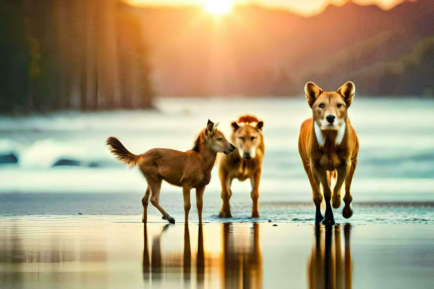 drie honden en een baby wandelen langs de strand Bij zonsondergang. ai-gegenereerd foto