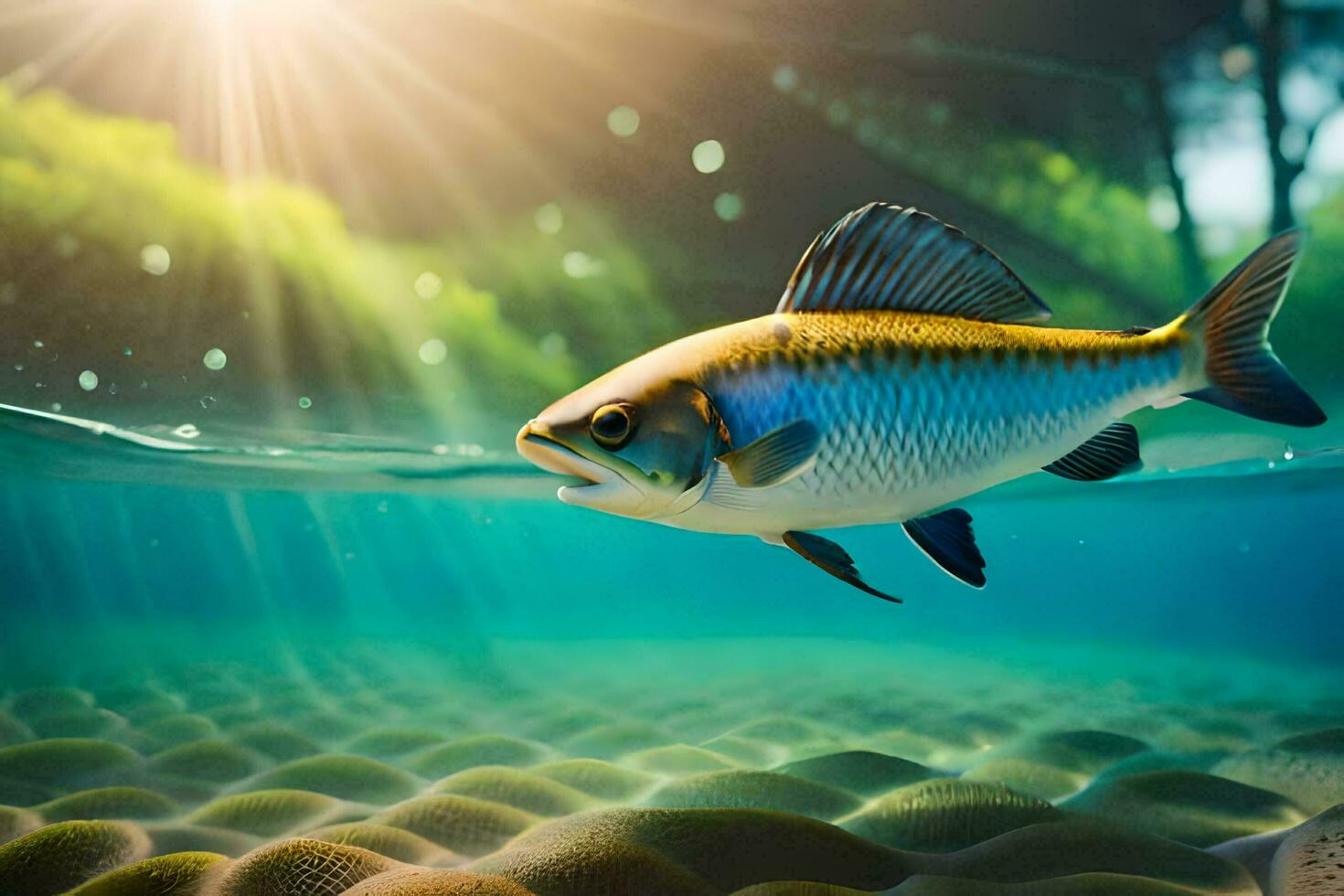 een vis zwemmen in de water met zonlicht schijnt. ai-gegenereerd foto