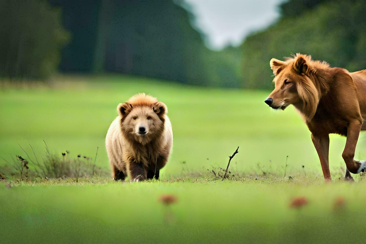 een leeuw en een beer zijn wandelen in de gras. ai-gegenereerd foto