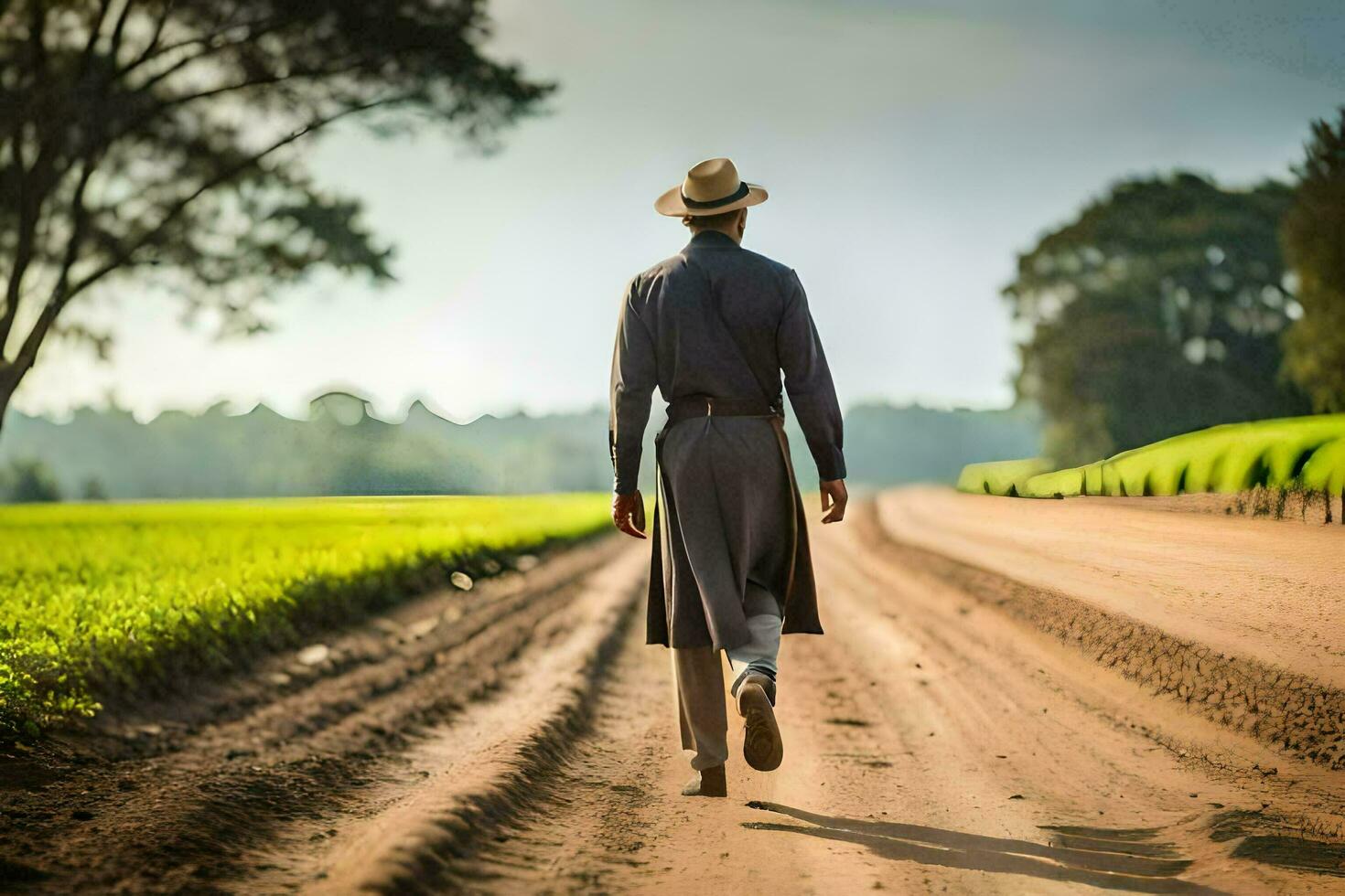 een Mens in een hoed en jas wandelen naar beneden een aarde weg. ai-gegenereerd foto