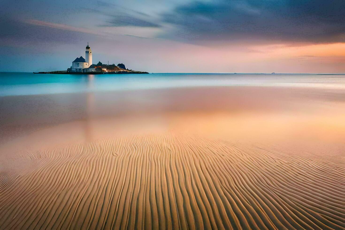 een vuurtoren Aan de strand Bij zonsondergang. ai-gegenereerd foto