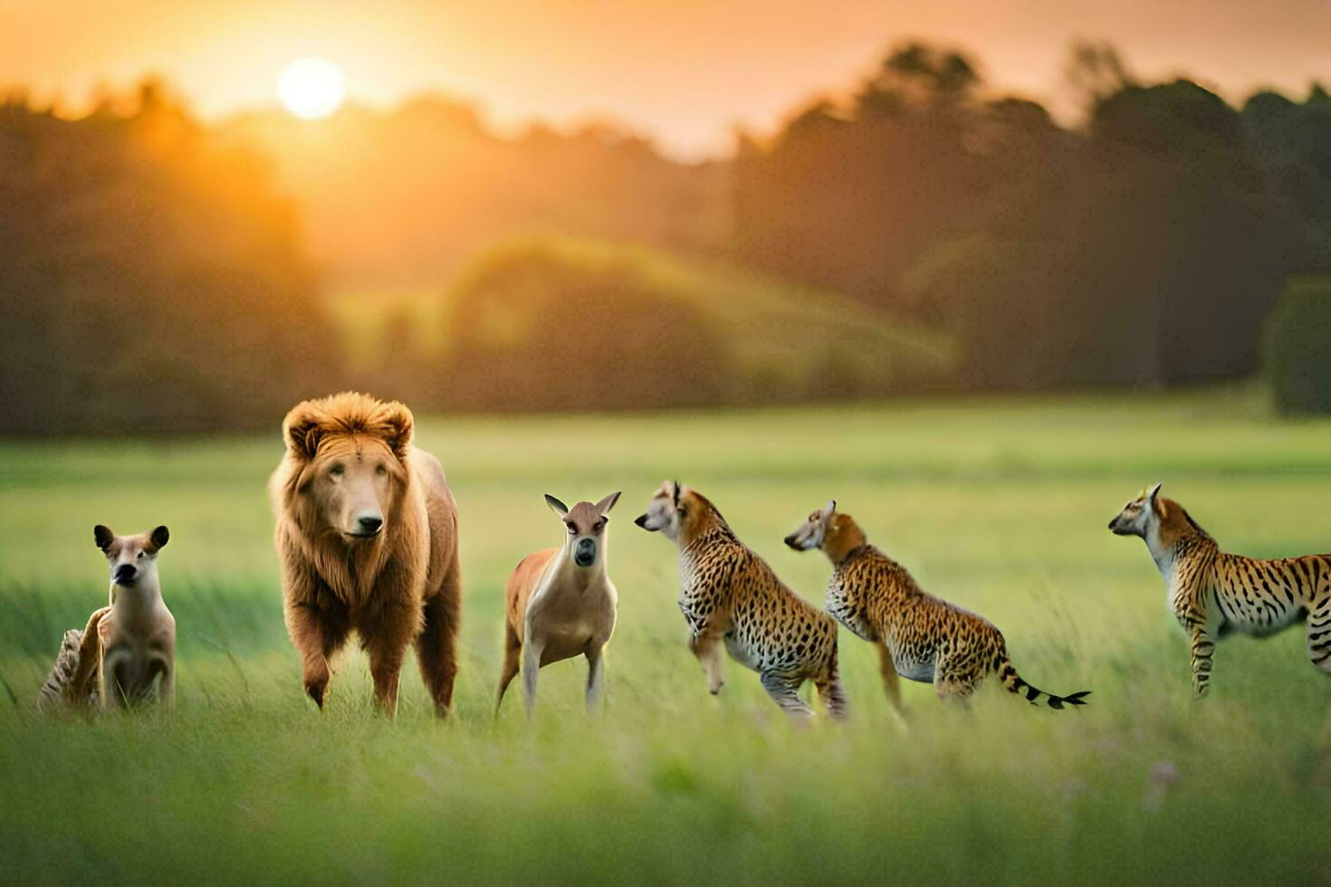 een leeuw en zijn welpen in de gras Bij zonsondergang. ai-gegenereerd foto