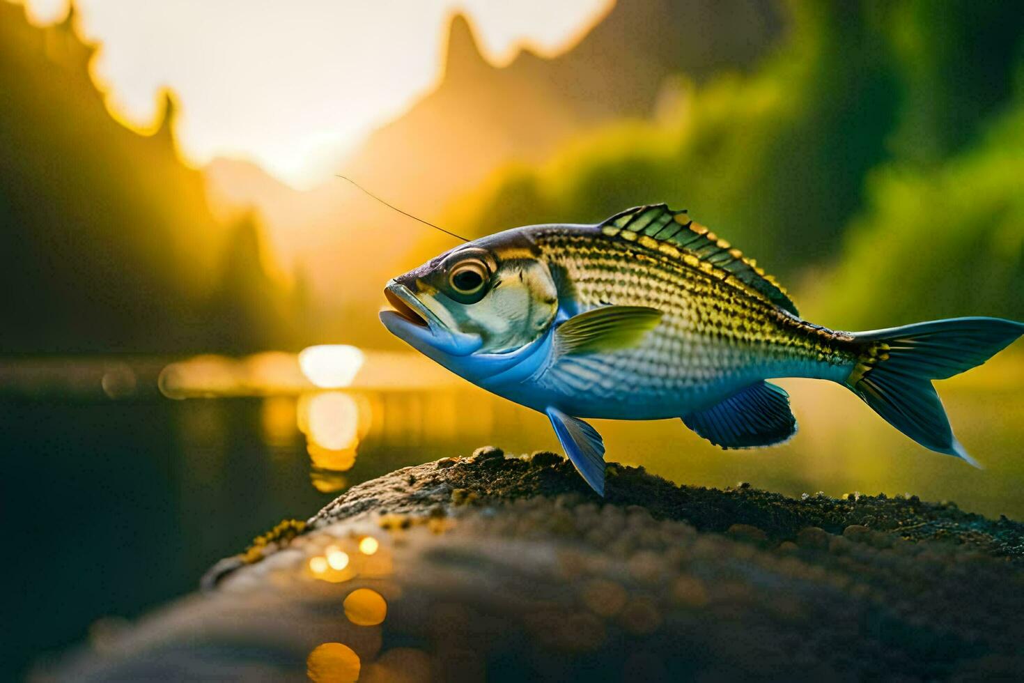 een vis is staand Aan een rots in voorkant van een rivier. ai-gegenereerd foto