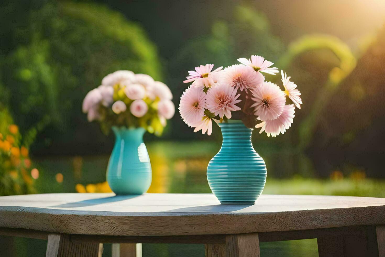 twee vazen met bloemen Aan een tafel in voorkant van een meer. ai-gegenereerd foto