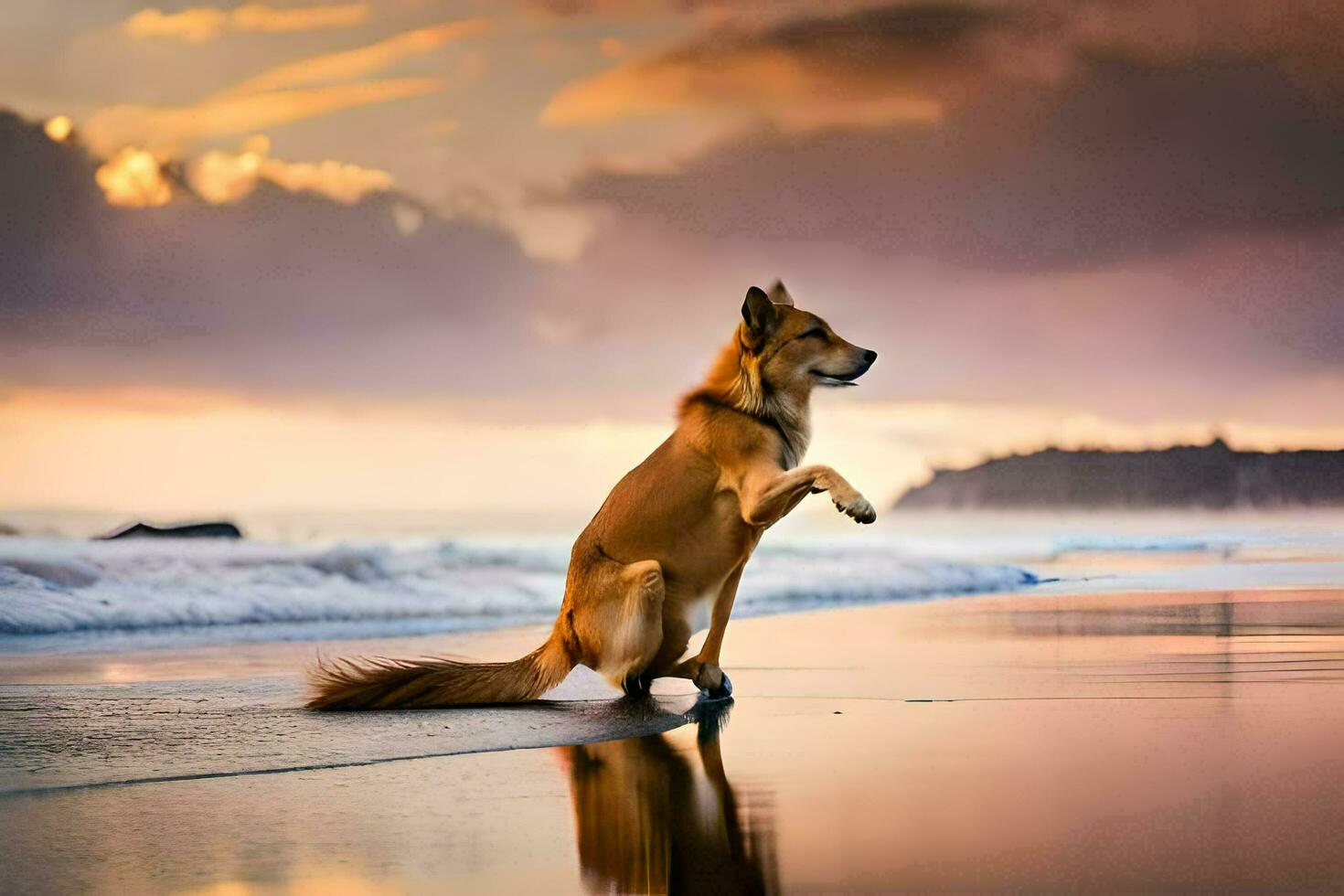 een hond staand Aan haar achter poten Aan de strand. ai-gegenereerd foto