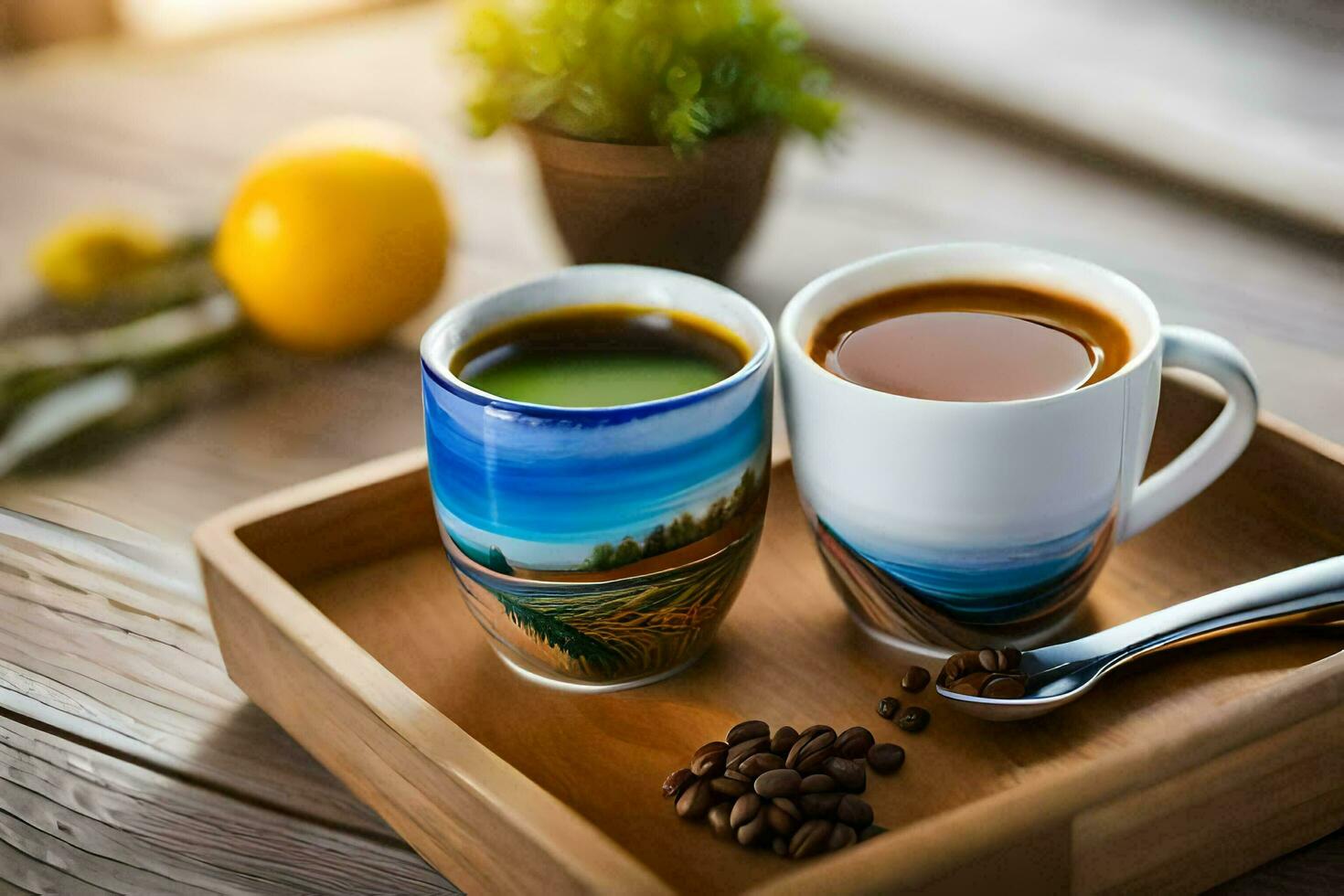 twee cups van koffie met een lepel en een citroen. ai-gegenereerd foto