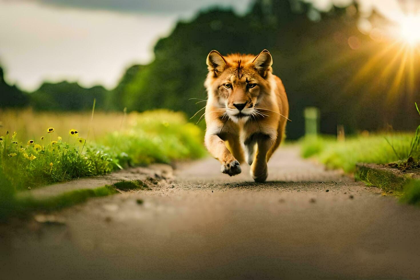 een leeuw rennen Aan een weg in de zon. ai-gegenereerd foto