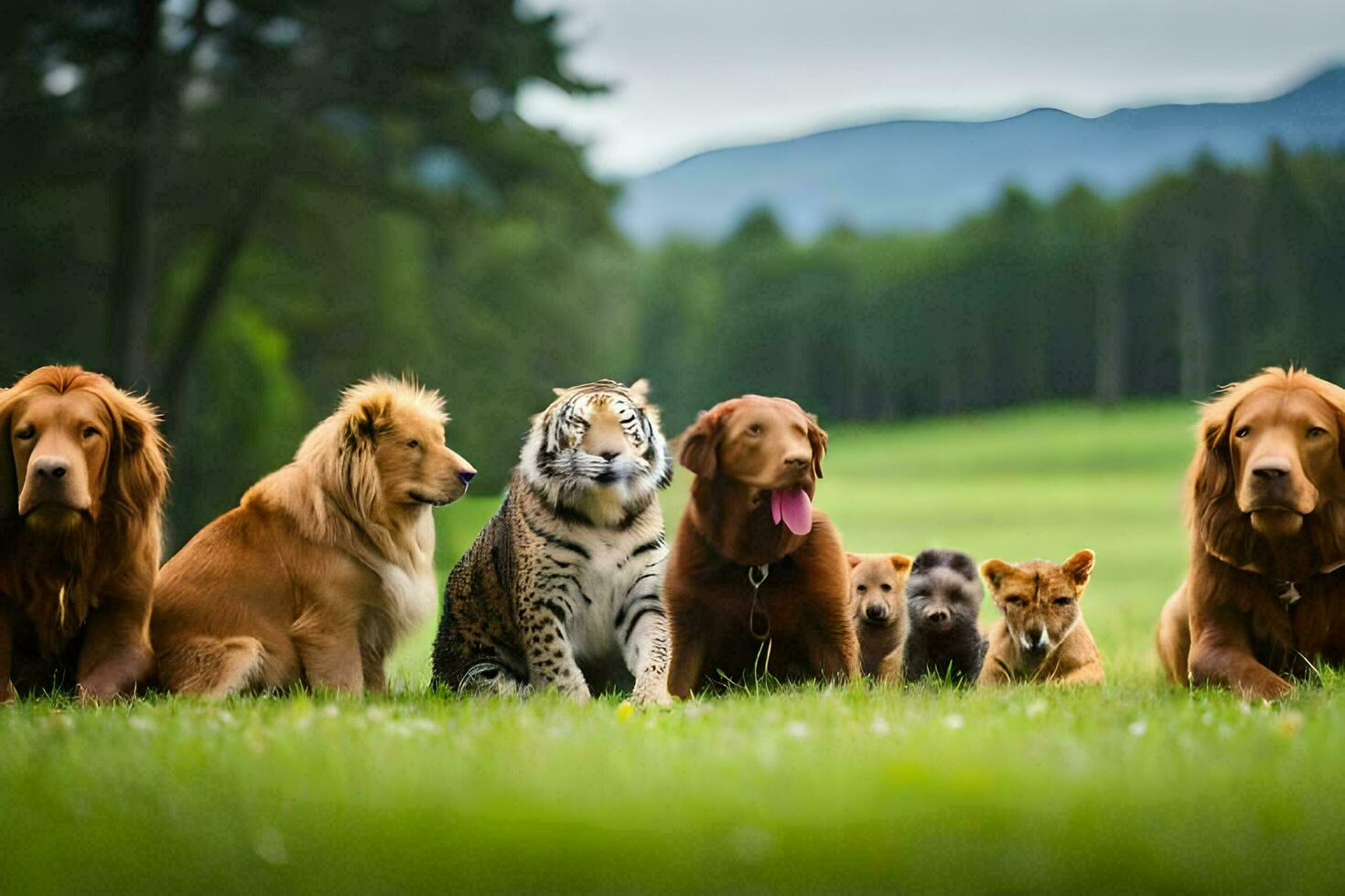 een groep van honden en een tijger zittend in de gras. ai-gegenereerd foto