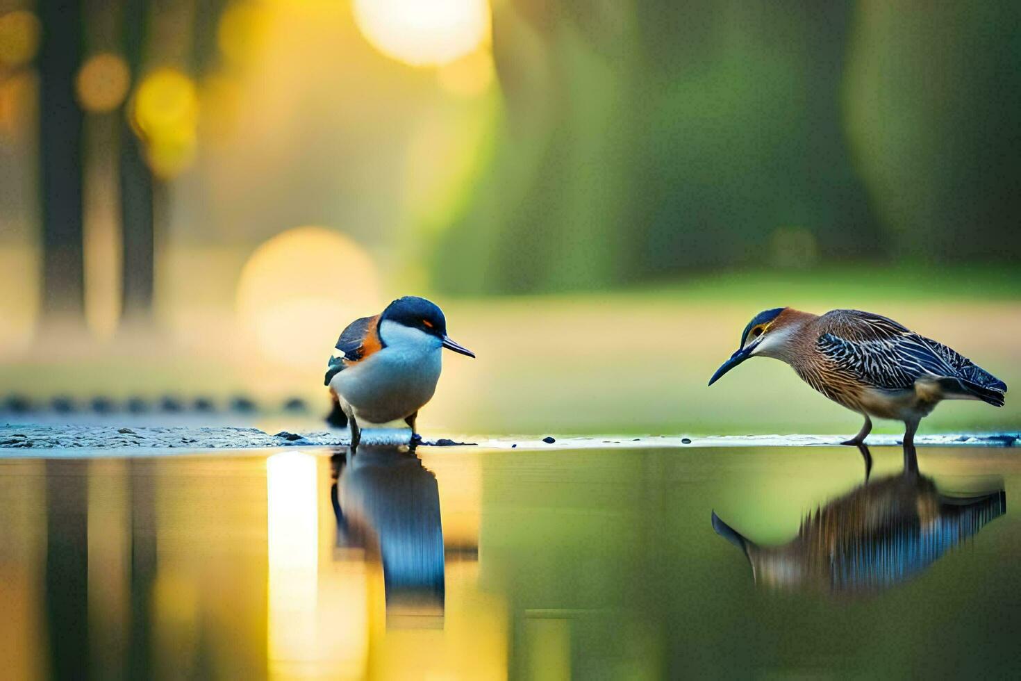 twee vogelstand staand Aan de rand van een vijver. ai-gegenereerd foto