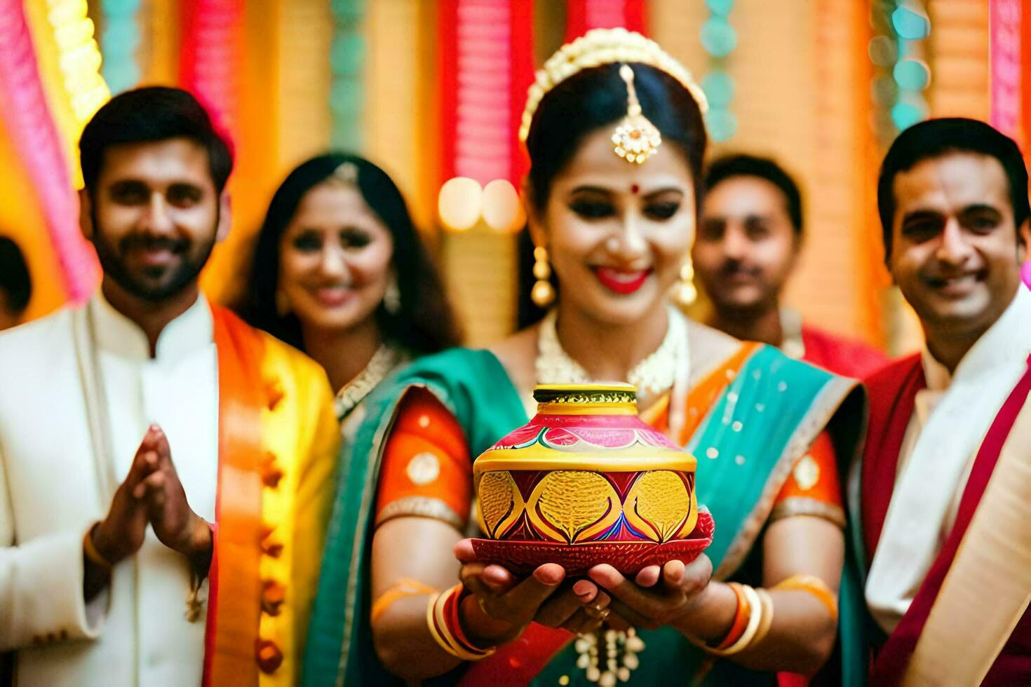 een vrouw in traditioneel Indisch kleding Holding een pot. ai-gegenereerd foto