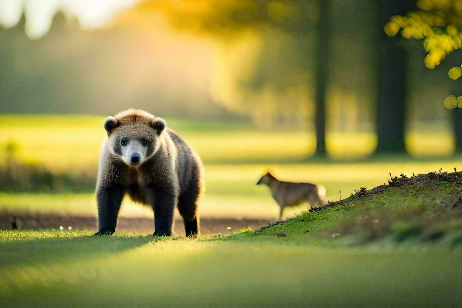 een bruin beer is wandelen in de gras. ai-gegenereerd foto