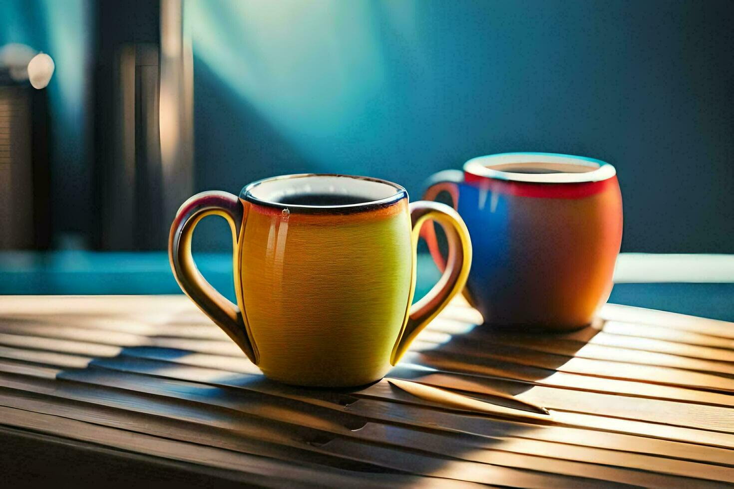 twee kleurrijk koffie cups zitten Aan een houten tafel. ai-gegenereerd foto