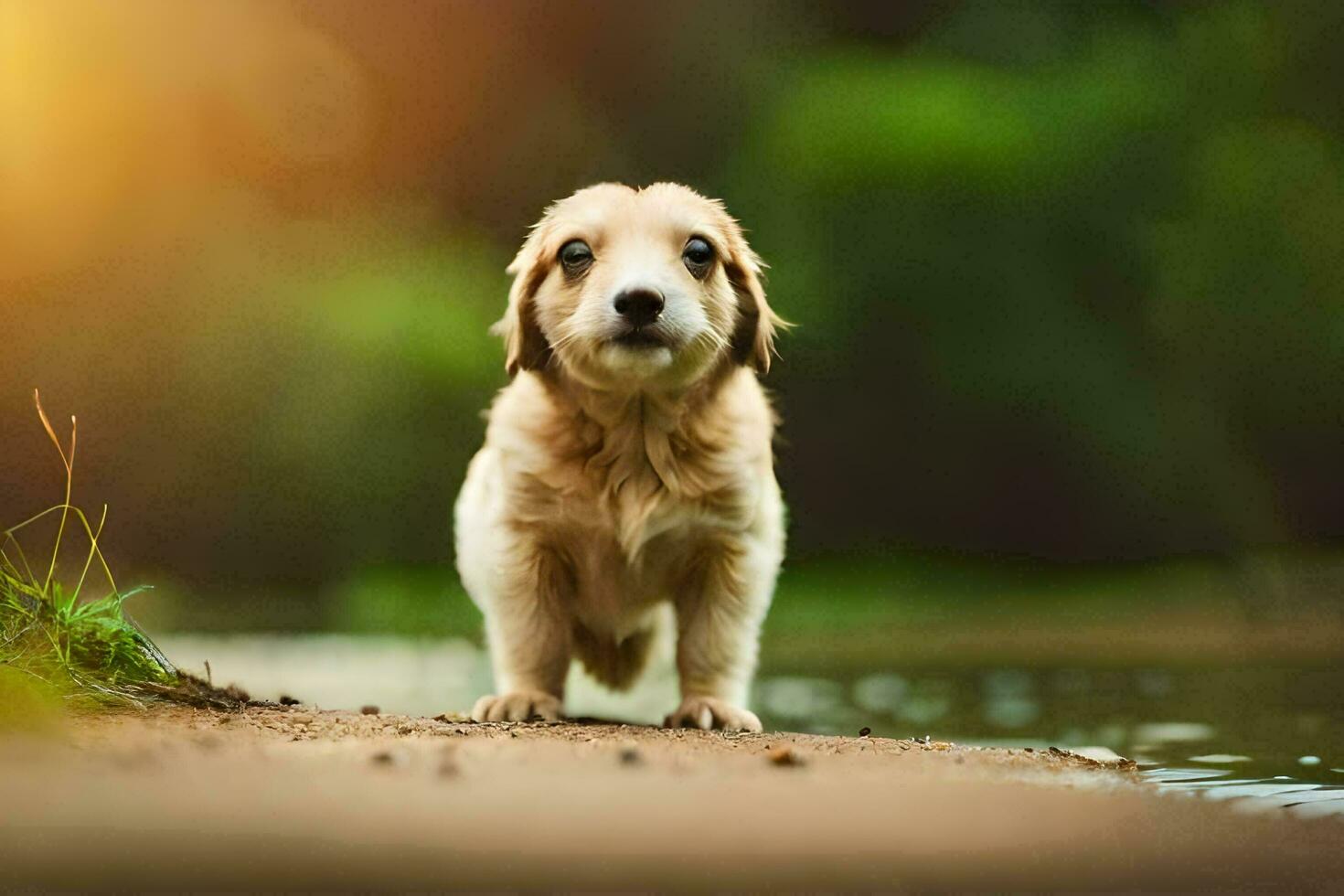 een puppy staand Aan de kust van een rivier. ai-gegenereerd foto