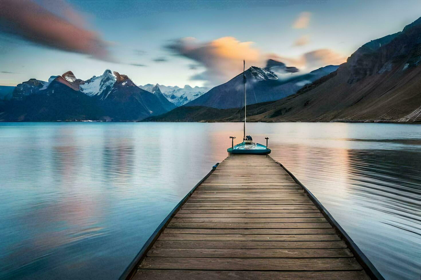 een houten dok strekt zich uit in de water met bergen in de achtergrond. ai-gegenereerd foto