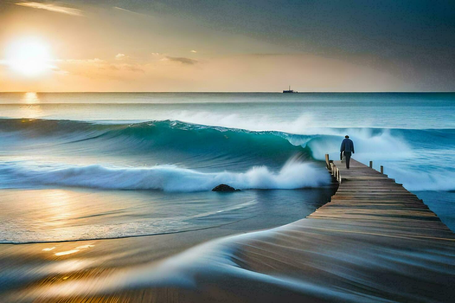 de Mens is staand Aan de houten pier in voorkant van de oceaan golven. ai-gegenereerd foto