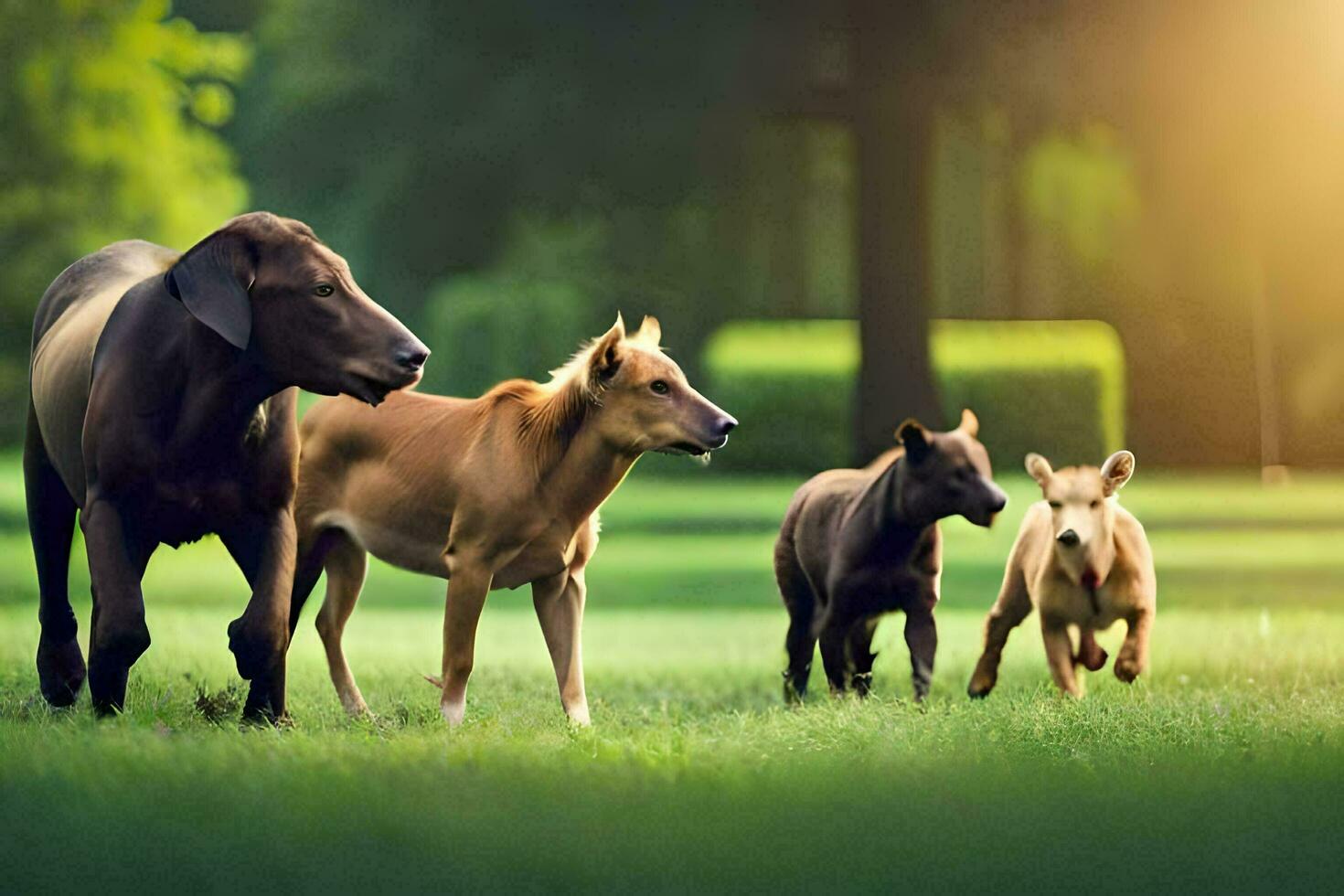 een groep van paarden rennen in de gras. ai-gegenereerd foto