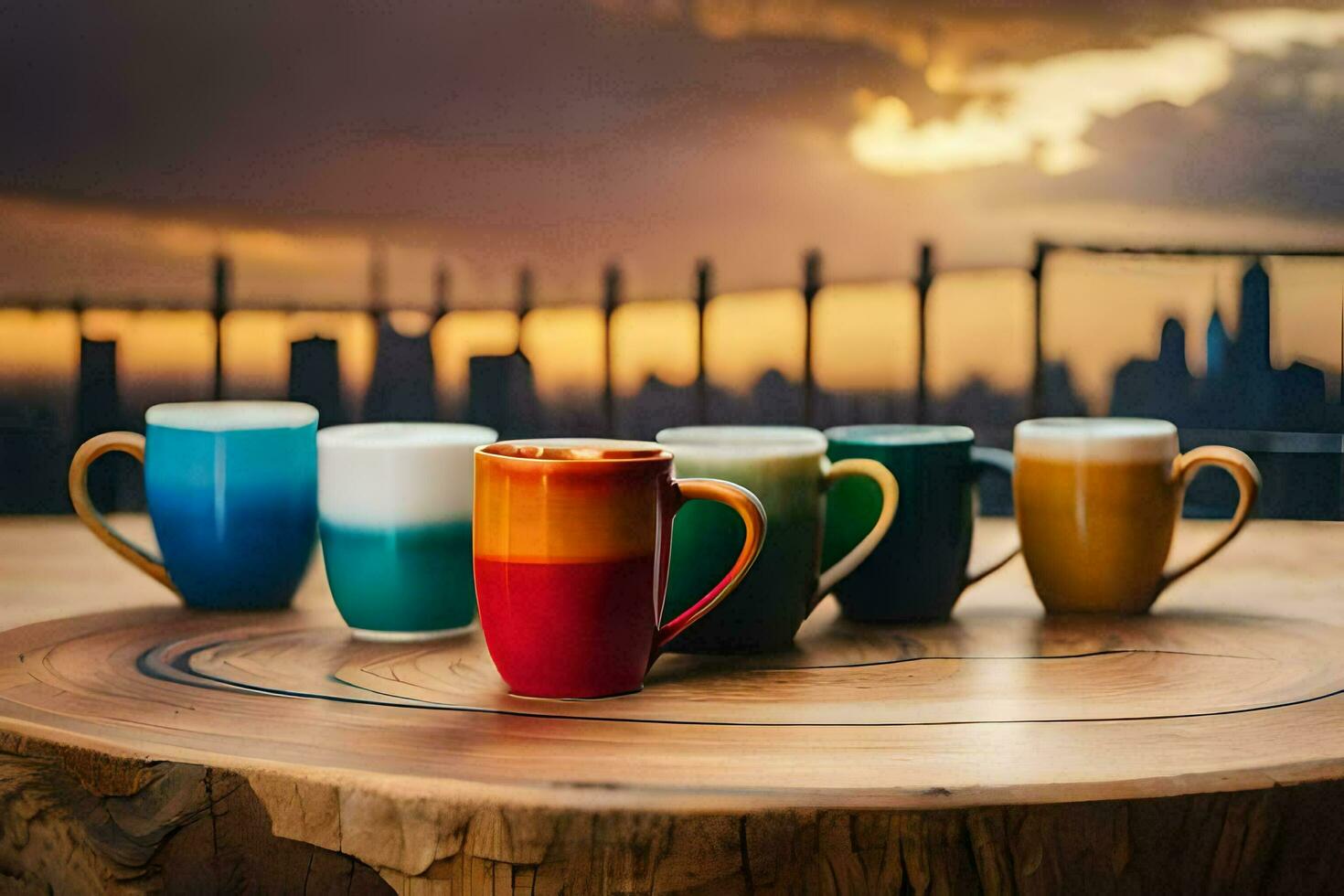 kleurrijk koffie cups Aan een tafel met een stad horizon in de achtergrond. ai-gegenereerd foto