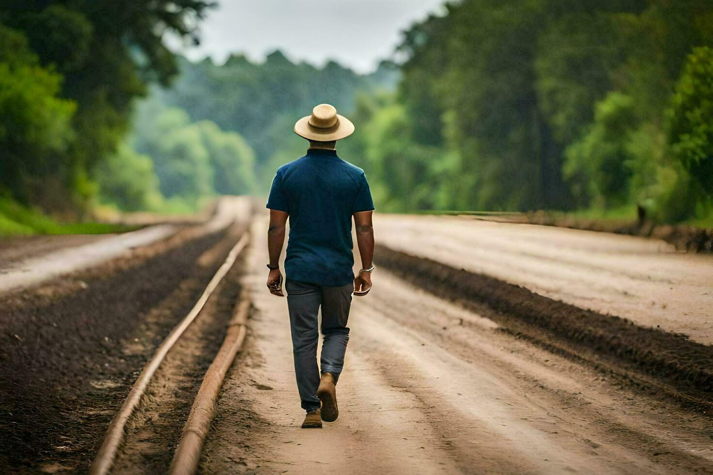 een Mens in een hoed wandelingen naar beneden een aarde weg. ai-gegenereerd foto