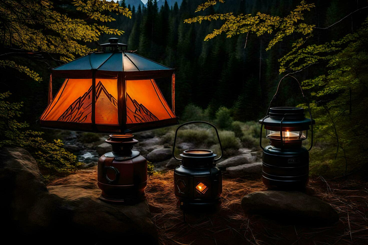 drie lantaarns zittend Aan een rots in de bossen. ai-gegenereerd foto