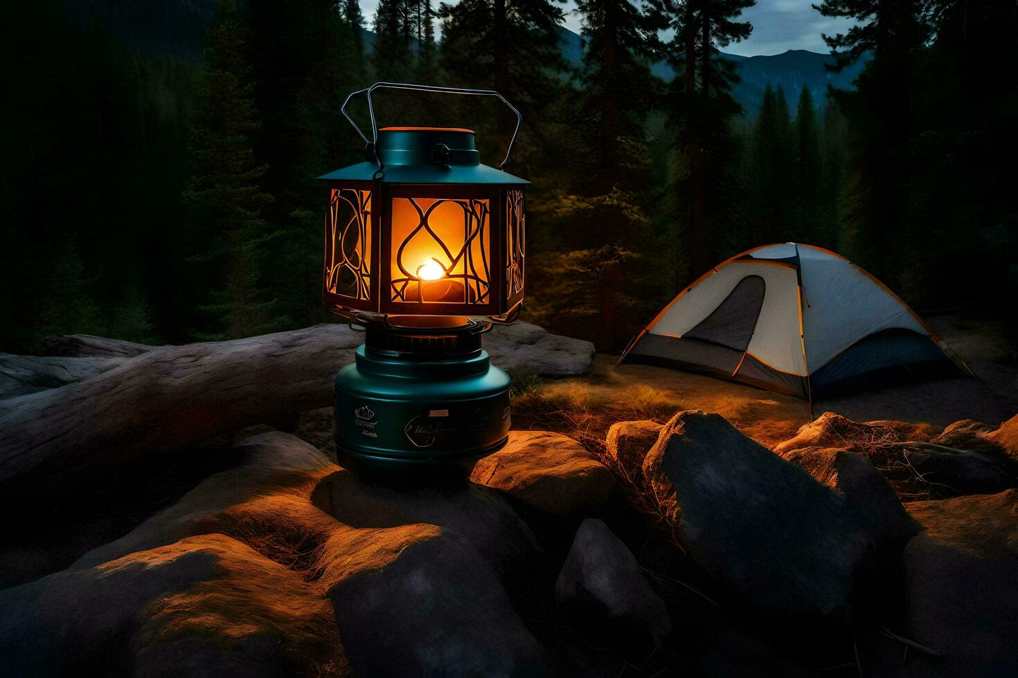 een camping lantaarn is lit omhoog in de donker. ai-gegenereerd foto