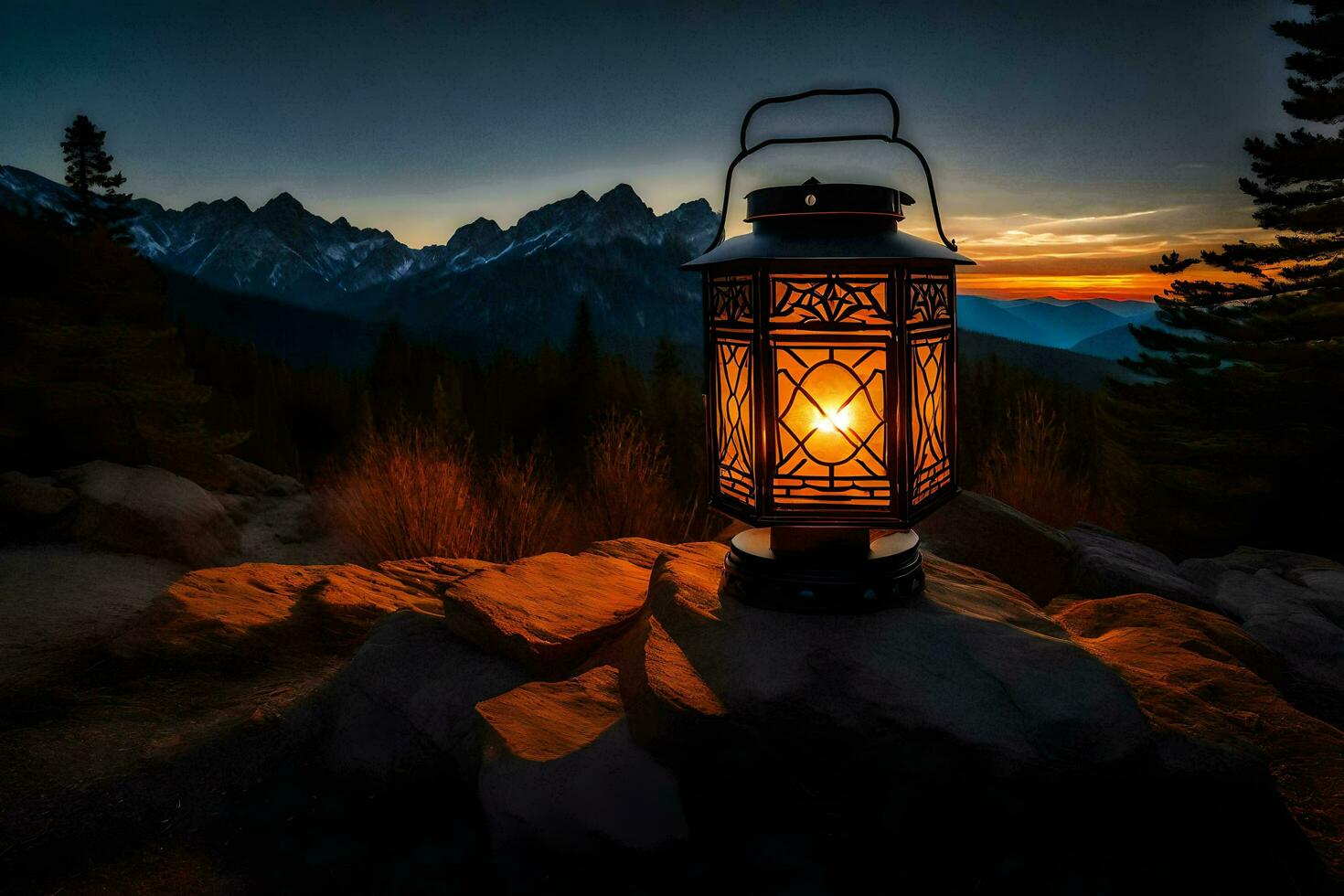 een lantaarn is lit omhoog Aan een rots in voorkant van een berg. ai-gegenereerd foto