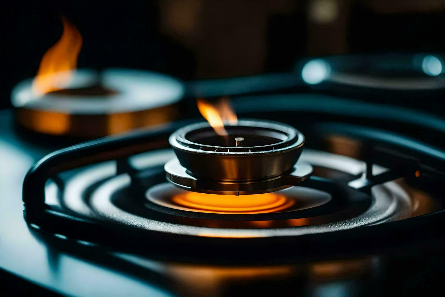 een gas- fornuis met een vlam Aan het. ai-gegenereerd foto