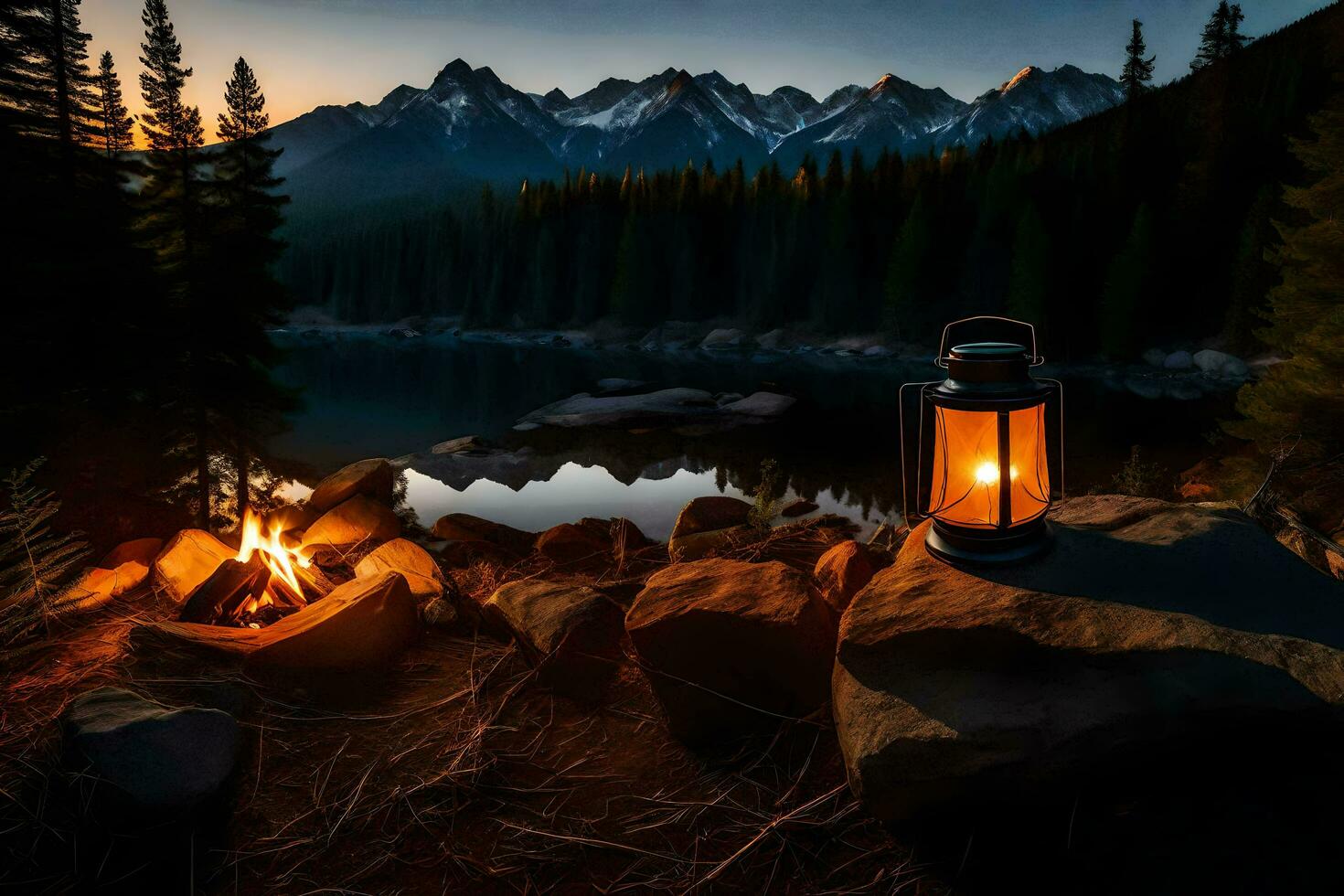 een lantaarn zit Aan een rots in de buurt een meer Bij zonsondergang. ai-gegenereerd foto