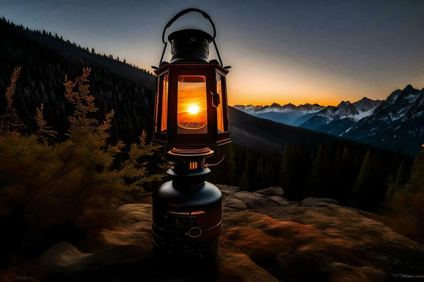 een lantaarn is lit omhoog in de bergen Bij zonsondergang. ai-gegenereerd foto