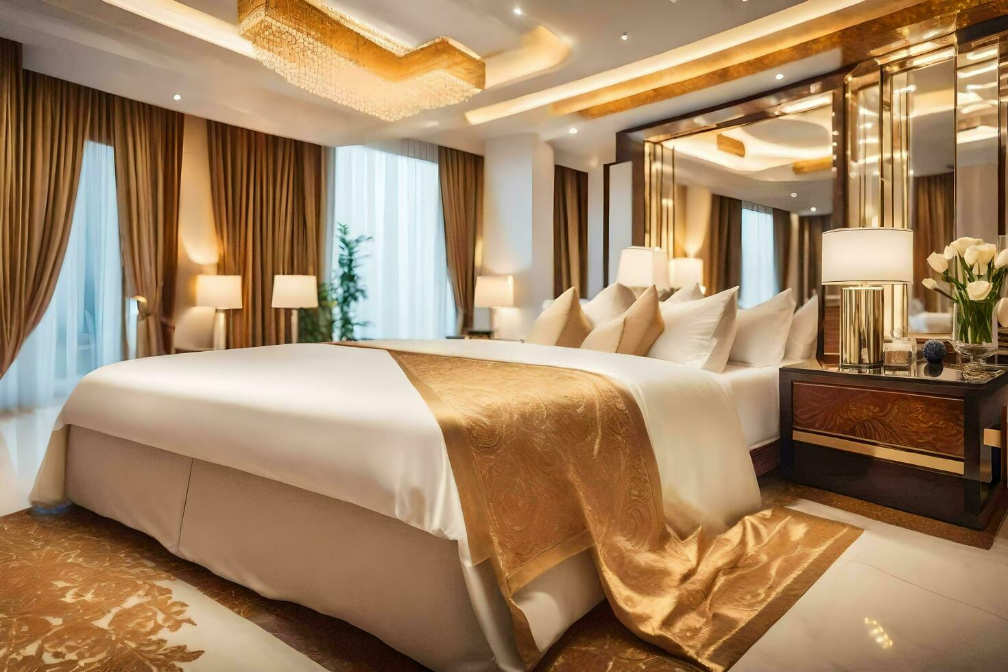 een groot slaapkamer met goud accenten en een bed. ai-gegenereerd foto