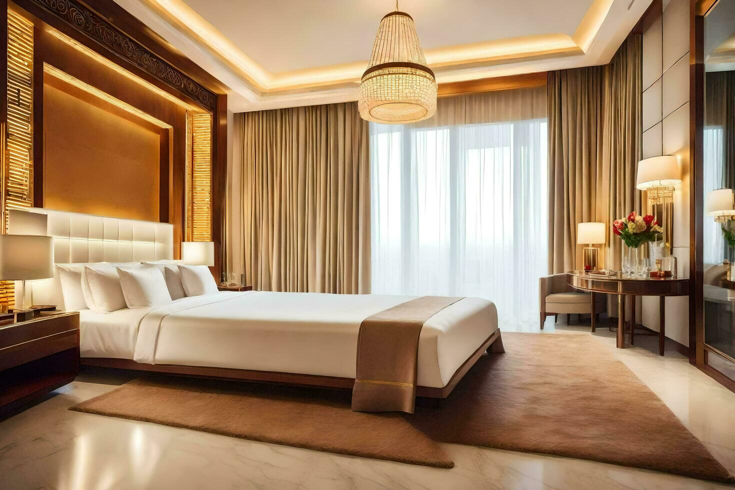 een bed of bedden in een kamer Bij de ritz Carlton Kuala forfaitair. ai-gegenereerd foto